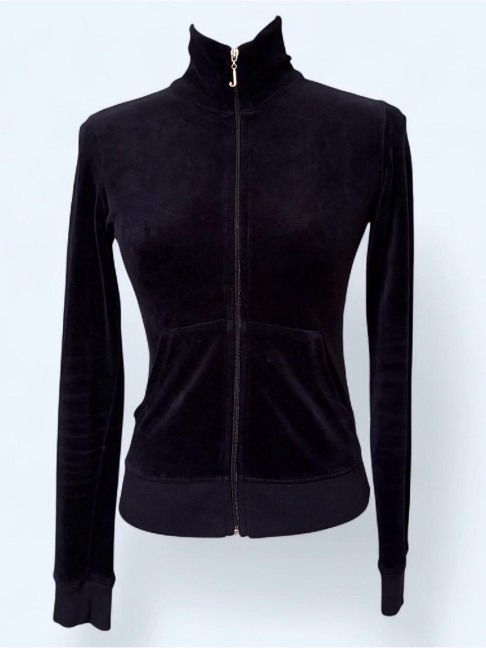 Vtg Y2K Juicy Couture Navy Blue Velour Zip Up Mock Neck Track Jacket Sz S